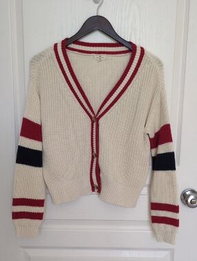 Mason & Belle Cream 100% Cotton Cardigan Sweater - Red & Navy Stripe Trim